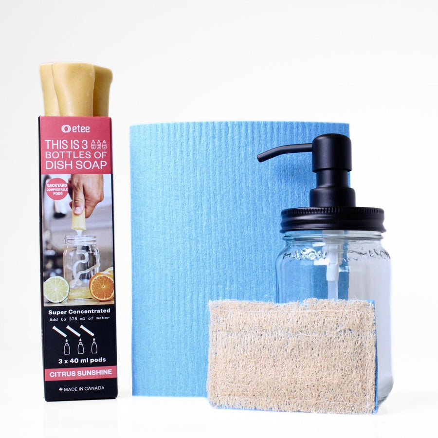 Citrus Dishwashing Kit- Citrus Dish Soap, Cellulose Cloth, Loofie Scrubber & Glass Dispenser