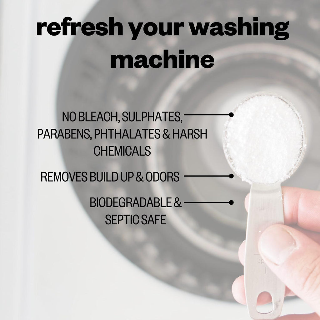 Infographic of etee washing machine cleaner with fingers holding a scoop of detergent over the drum with the text 